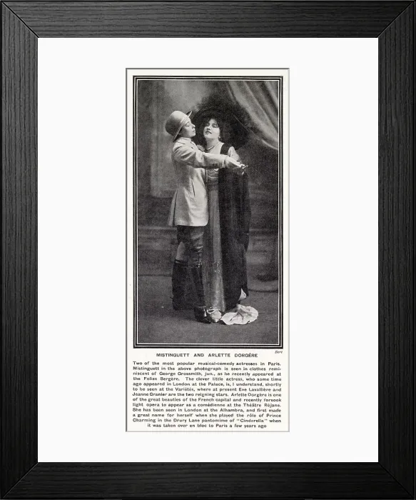 Framed Print : Celebrated Parisian entertainer Mistinguett seen in a costume that mimics that of George Grossmith, with the actress Arlette Dorgere. Date: 1911 Framed Print : Celebrated Parisian entertainer Mistinguett seen in a costume that mimics that of George Grossmith, with the actress Arlette Dorgere. Date: 1911
