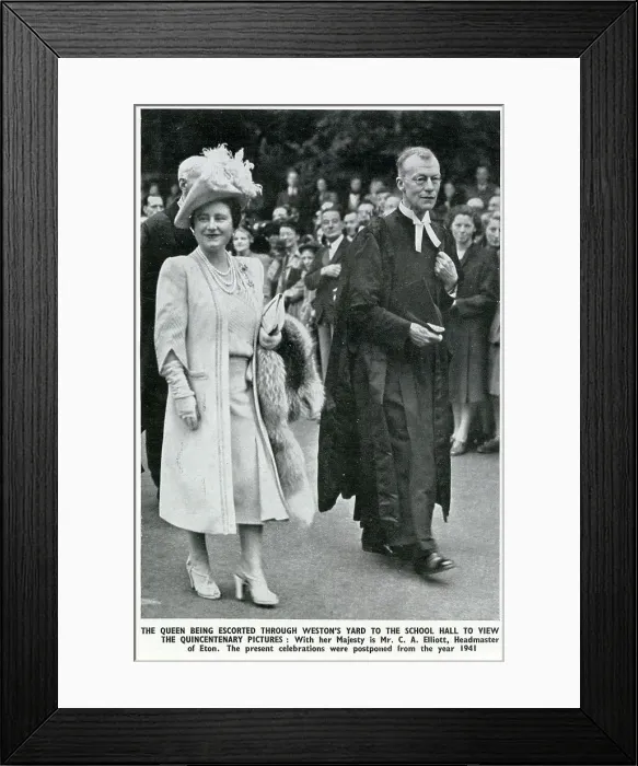 Framed Print : A Royal visit to Eton College by The King and Queen, Queen Elizabeth escorted through Weston's Yard by Headmaster Claude A Elliott Date: 1947