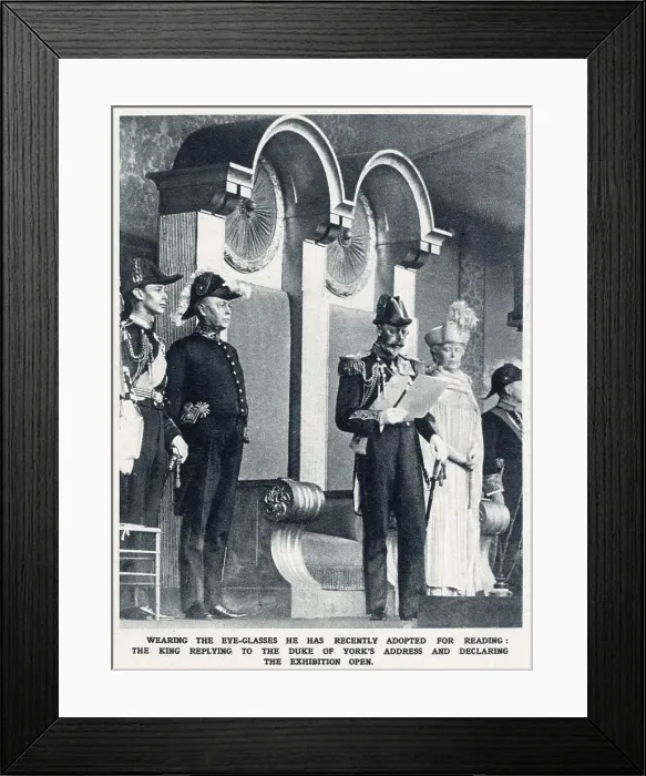 Framed Print : King George V, wearing the eye-glasses he had recently adopted for reading, replying to the Duke of York's address, and declaring the British Empire Exhibition at Wembley open. Date: 1925 Framed Print : King George V, wearing the eye-glasses he had recently adopted for reading, replying to the Duke of York's address, and declaring the British Empire Exhibition at Wembley open. Date: 1925