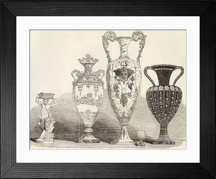 Framed Print : A collection of examples of Sevres porcelain on display in an exhibition of French manufacturing at 13 Hanover Square in London in December 1849. Date: 1849 Framed Print : A collection of examples of Sevres porcelain on display in an exhibition of French manufacturing at 13 Hanover Square in London in December 1849. Date: 1849