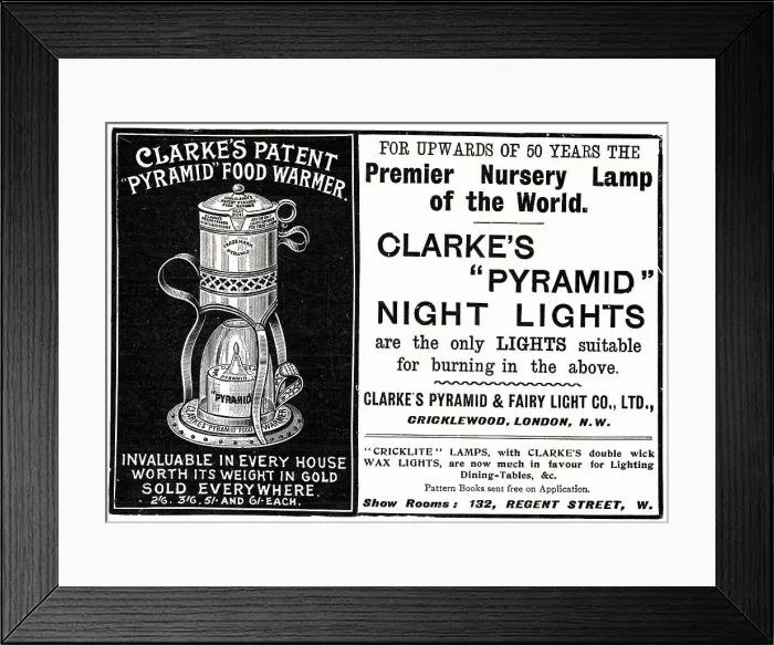 Framed Print : Advert for Clarke's Pyramid Food Warmer 1904 Framed Print : Advert for Clarke's Pyramid Food Warmer 1904