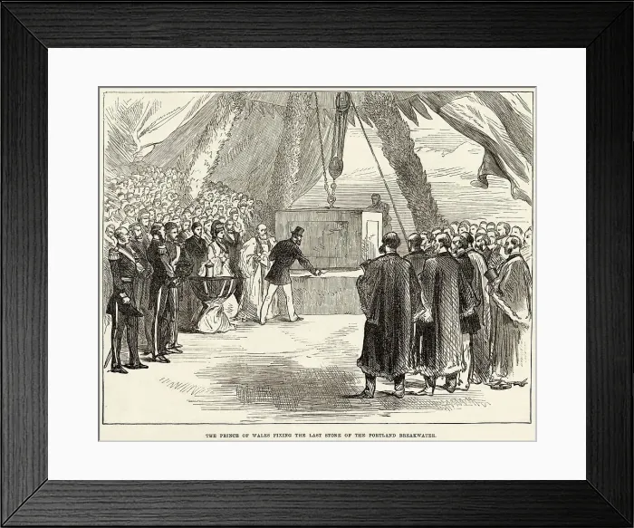 Framed Print : The Prince of Wales (later King Edward VII) fixing the last stone of the Portland Harbour Breakwater, the first stone of which was laid by his father, Prince Albert, 23 years previously. Date: 1872 Framed Print : The Prince of Wales (later King Edward VII) fixing the last stone of the Portland Harbour Breakwater, the first stone of which was laid by his father, Prince Albert, 23 years previously. Date: 1872