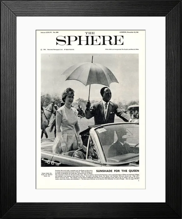 Framed Print : Sunshade for the Queen. Queen Elizabeth II travels in a car with President Nkrumah to attend a durbar at Tamale during the 1961 royal tour of Ghana. Date: 1961 Framed Print : Sunshade for the Queen. Queen Elizabeth II travels in a car with President Nkrumah to attend a durbar at Tamale during the 1961 royal tour of Ghana. Date: 1961