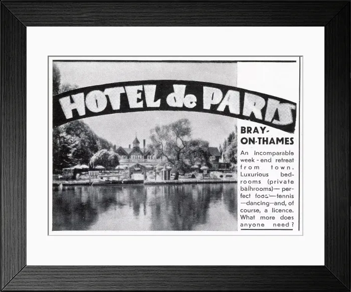 Framed Print : Advertisement for the Hotel de Paris at Bray, a riverside resort / country club offering all kinds of delights including dining and dancing on the lawns sloping down to the river Thames. Date: 1939 Framed Print : Advertisement for the Hotel de Paris at Bray, a riverside resort / country club offering all kinds of delights including dining and dancing on the lawns sloping down to the river Thames. Date: 1939