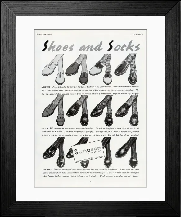 Framed Print : A natty selection of shoes and socks for men for leisure, town and evening wear, available from that arbiter of classic masculine style, Simpson of Piccadilly (now Waterstone's). Date: 1936 Framed Print : A natty selection of shoes and socks for men for leisure, town and evening wear, available from that arbiter of classic masculine style, Simpson of Piccadilly (now Waterstone's). Date: 1936