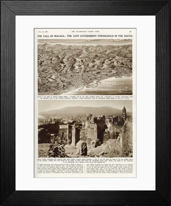Framed Print : The Fall of Malaga: the lost government stronghold in the south. Spanish Civil War. Page from The Illustrated London News, 13th February 1937 including a pictorial map of Malaga. Date: 1937 Framed Print : The Fall of Malaga: the lost government stronghold in the south. Spanish Civil War. Page from The Illustrated London News, 13th February 1937 including a pictorial map of Malaga. Date: 1937
