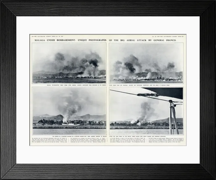 Framed Print : Malaga under bombardment: unique photographs of the big aerial attack by General Franco. Spanish Civil War. Pages from The Illustrated London News, 23rd January 1937. Date: 1937 Framed Print : Malaga under bombardment: unique photographs of the big aerial attack by General Franco. Spanish Civil War. Pages from The Illustrated London News, 23rd January 1937. Date: 1937