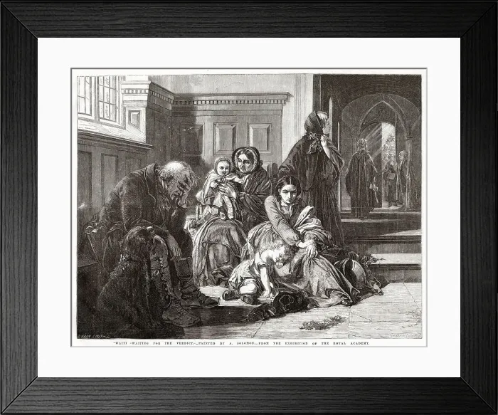Framed Print : Waiting for the Verdict by Abraham Solomon, exhibited at the Royal Academy in 1857. A family wait nervously outside a court room to hear the verdict. Date: 1857 Framed Print : Waiting for the Verdict by Abraham Solomon, exhibited at the Royal Academy in 1857. A family wait nervously outside a court room to hear the verdict. Date: 1857