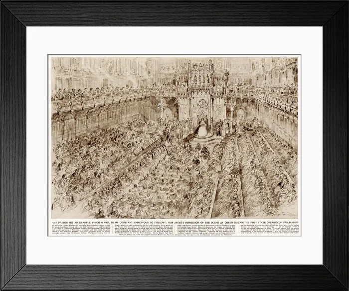 Framed Print : Scene in the House of Lords on 4 November 1952 when Queen Elizabeth II opened her first Parliament and read her first speech, as viewed from the Strangers Gallery. Date: 1952 Framed Print : Scene in the House of Lords on 4 November 1952 when Queen Elizabeth II opened her first Parliament and read her first speech, as viewed from the Strangers Gallery. Date: 1952