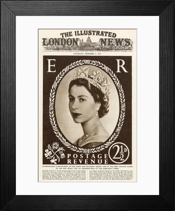 Framed Print : Front cover of The Illustrated London News featuring the first postage stamp of the reign of Queen Elizabeth II, issued 5 December 1952. The stamp featured a portrait by Dorothy Wilding and was designed by Mr. M. C. Farrar-Bell Framed Print : Front cover of The Illustrated London News featuring the first postage stamp of the reign of Queen Elizabeth II, issued 5 December 1952. The stamp featured a portrait by Dorothy Wilding and was designed by Mr. M. C. Farrar-Bell
