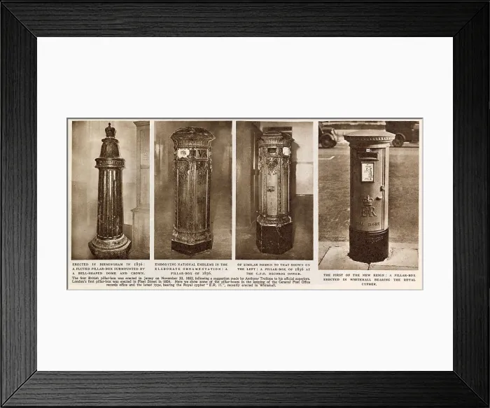 Framed Print : Four examples of pillar boxes (or post boxes): a fluted example with a dome and crown, erected in Birmingham in 1856, another on featuring elaborate ornamentation from 1856 incorporating national emblems Framed Print : Four examples of pillar boxes (or post boxes): a fluted example with a dome and crown, erected in Birmingham in 1856, another on featuring elaborate ornamentation from 1856 incorporating national emblems