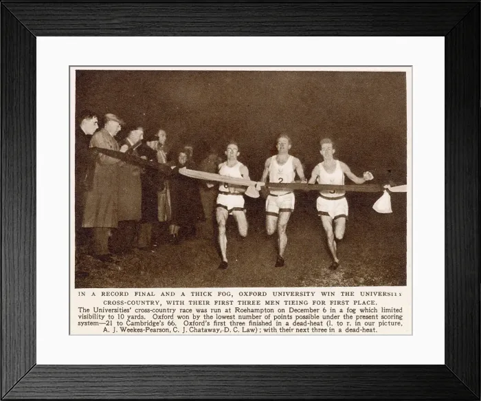Framed Print : In a record final and a thick fog, Oxford University win the University cross-country with their first three men in first place - A. J. Weekes-Pearson, C. J. Chataway, D. C. Law Framed Print : In a record final and a thick fog, Oxford University win the University cross-country with their first three men in first place - A. J. Weekes-Pearson, C. J. Chataway, D. C. Law