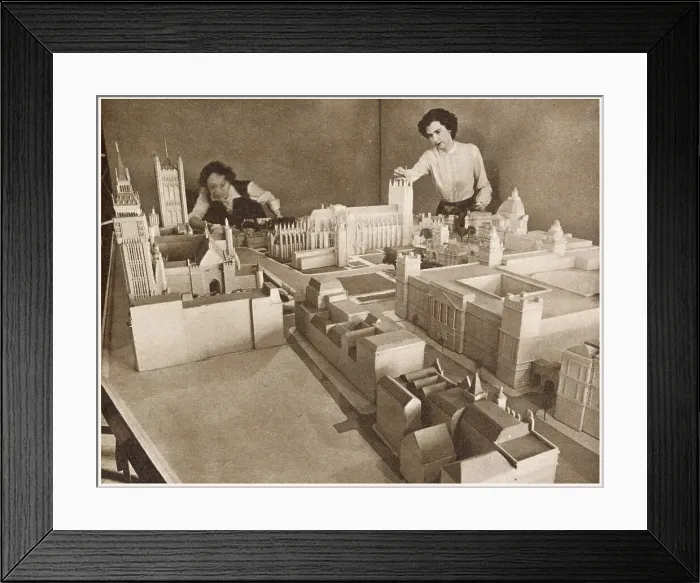 Framed Print : Working on a scale model of part of the Coronation route in a Ministry of Works office - looking down over Whitehall to Parliament Square and the Abbey Framed Print : Working on a scale model of part of the Coronation route in a Ministry of Works office - looking down over Whitehall to Parliament Square and the Abbey