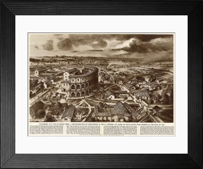 Framed Print : A reconstruction of Durovernum in the 2nd century A.D, based on excavations made possible by the Blitz of 1942. Date: 1952 Framed Print : A reconstruction of Durovernum in the 2nd century A.D, based on excavations made possible by the Blitz of 1942. Date: 1952