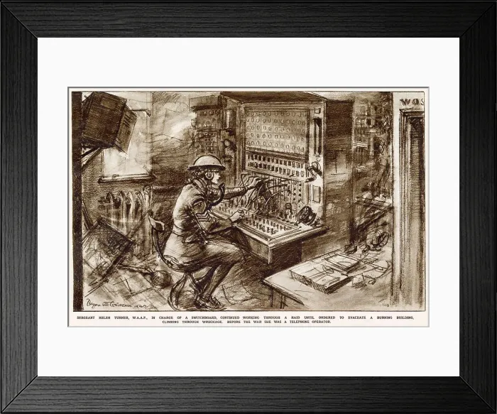 Framed Print : Sergeant Helen Turner, W.A.A.F. in charge of a switchboard, continuing to work through a raid until ordered to evacuate a burning building Framed Print : Sergeant Helen Turner, W.A.A.F. in charge of a switchboard, continuing to work through a raid until ordered to evacuate a burning building