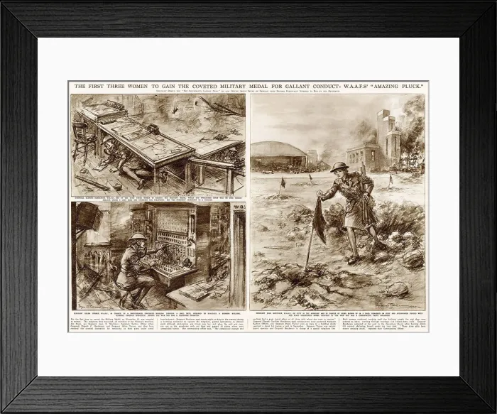 Framed Print : Spread from The Illustrated London News with sketches by Bryan de Grineau showing scenes of heroism by the first three women, all members of the W.A.A.F who were awarded the Military Medal - Sergeant Joan Mortimer Framed Print : Spread from The Illustrated London News with sketches by Bryan de Grineau showing scenes of heroism by the first three women, all members of the W.A.A.F who were awarded the Military Medal - Sergeant Joan Mortimer