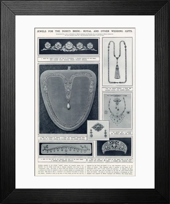 Framed Print : Jewels for the Duke's bride: royal and other wedding gifts given to the Duke and Duchess of York in 1923. 1. A diamond bandeau from the bride's father, the Earl of Strathmore; 2