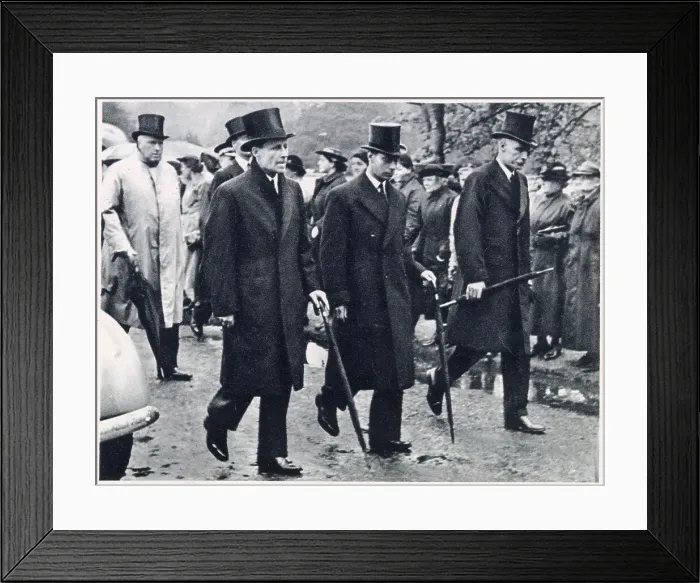 Framed Print : King George VI following the coffin of his mother-in-law, the Countess of Strathmore, together with the countess's sons, Lord Glamis and David Bowes-Lyon, as her funeral cortege left Glamis Castle on 27 June 1938. Date: 1938 Framed Print : King George VI following the coffin of his mother-in-law, the Countess of Strathmore, together with the countess's sons, Lord Glamis and David Bowes-Lyon, as her funeral cortege left Glamis Castle on 27 June 1938. Date: 1938