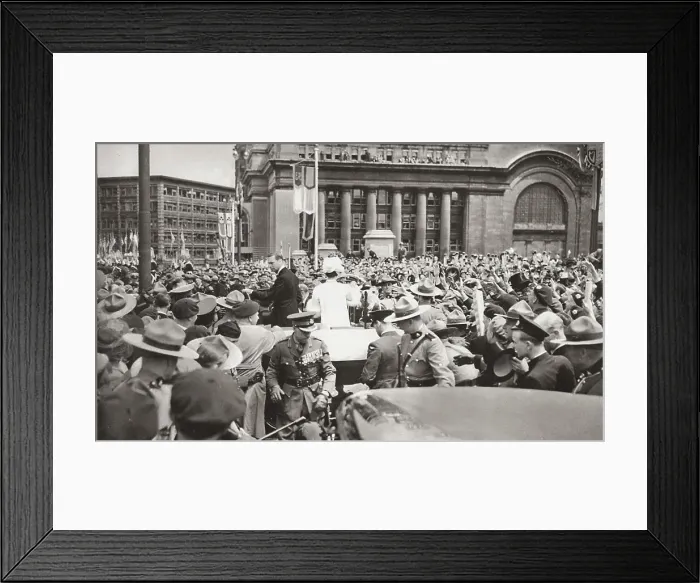 Framed Print : The scene after King George VI had unveiled the Canadian National War Memorial in Ottawa, Canada: their Majesties standing in their car to acknowledge the acclamations of a vast crowd. Date: 21st May 1939 Framed Print : The scene after King George VI had unveiled the Canadian National War Memorial in Ottawa, Canada: their Majesties standing in their car to acknowledge the acclamations of a vast crowd. Date: 21st May 1939