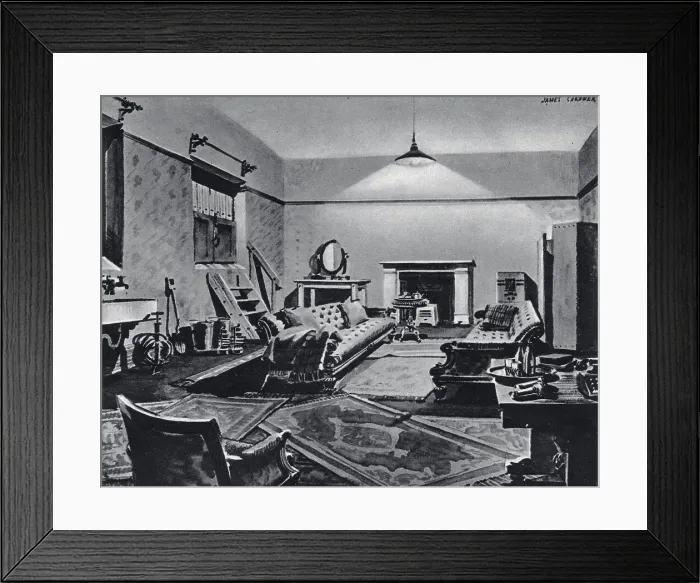 Framed Print : Air-raid shelter beneath Buckingham Palace for King George VI and Queen Elizabeth. It is a housemaid's room converted into an air-raid shelter, and the big, old-fashioned housemaid's sink still remains. Date: 1940