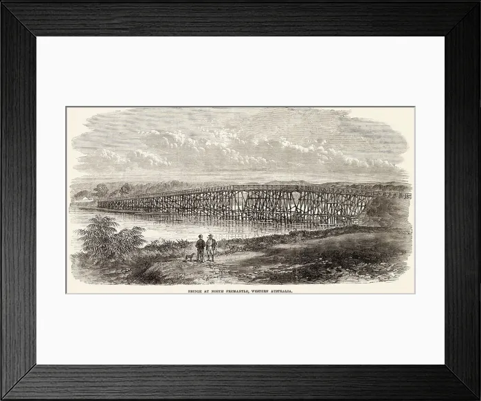 Framed Print : Public works in Western Australia. The bridge across the river Swan at North Fremantle. It has been erected entirely by convict labour, under the administration of his Excellency Governor Hampton Framed Print : Public works in Western Australia. The bridge across the river Swan at North Fremantle. It has been erected entirely by convict labour, under the administration of his Excellency Governor Hampton