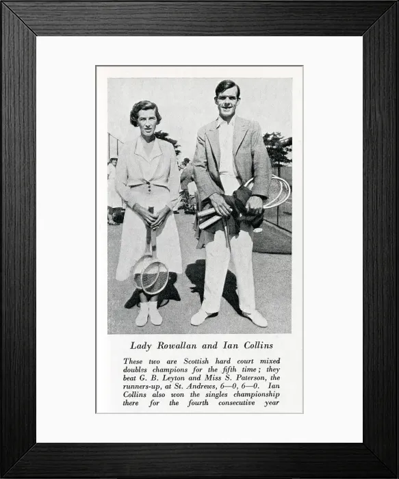 Framed Print : Lady Rowallan and Ian Collins - Scottish hard court mixed doubles Champions for the 5th time. Collins also won the singles competition for the 4th time. Date: 1935 Framed Print : Lady Rowallan and Ian Collins - Scottish hard court mixed doubles Champions for the 5th time. Collins also won the singles competition for the 4th time. Date: 1935