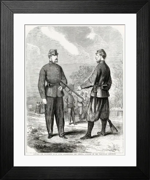 Framed Print : Uniform for the Volunteer Rifle Corps recommended for general adoption by the War Office committee. Date: 1860 Framed Print : Uniform for the Volunteer Rifle Corps recommended for general adoption by the War Office committee. Date: 1860