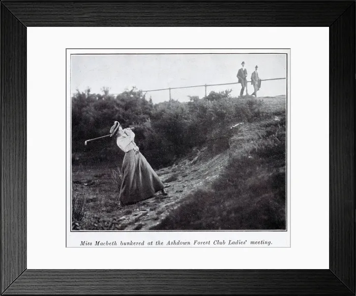 Framed Print : Miss Macbeth playing a shot out of a bunker at the Ashdown Forest Club Ladies Meeting. Date: 1909 Framed Print : Miss Macbeth playing a shot out of a bunker at the Ashdown Forest Club Ladies Meeting. Date: 1909