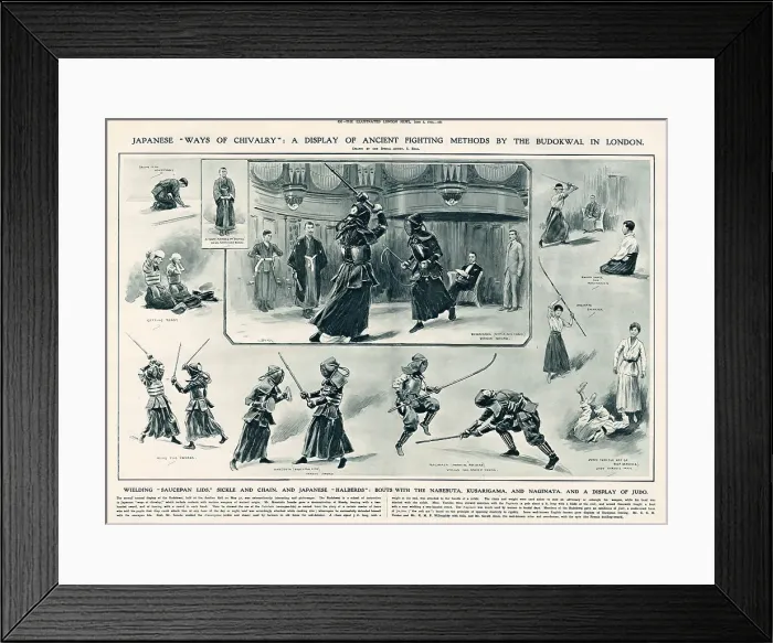 Framed Print : Japanese ways of chivalry: a display of ancient fighting methods by the Budokwai in London at the Aeolian Hall. Wielding saucepan lids, sickle and chain, and Japanese halberds: bouts with the Nabebuta, Kusarigama and Naginata Framed Print : Japanese ways of chivalry: a display of ancient fighting methods by the Budokwai in London at the Aeolian Hall. Wielding saucepan lids, sickle and chain, and Japanese halberds: bouts with the Nabebuta, Kusarigama and Naginata