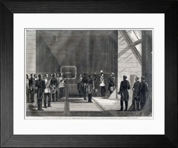 Framed Print : Albert Edward, Prince of Wales (later Edward VII) closing the Last Rivet of the Robert Stephenson's bridge Victoria Tubular Bridge over the St Lawrence River at Montreal, Canada. Date: 25 August 1860 Framed Print : Albert Edward, Prince of Wales (later Edward VII) closing the Last Rivet of the Robert Stephenson's bridge Victoria Tubular Bridge over the St Lawrence River at Montreal, Canada. Date: 25 August 1860