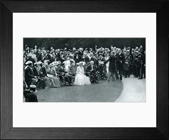 Framed Print : King George VI and Queen Elizabeth seated on eighteenth century chairs alongside President Lebrun and his wife, at the Bagatelle at which a large garden party, with around 4000 guests, was held in their honour