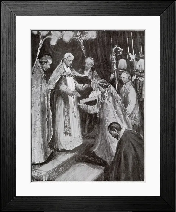 Framed Print : New Pope, Pius X is seen enthroned immediately after the election. The dean of the Sacred College has conducted the necessary formula of acceptance and now the Pope, is about to avow his fidelity to the Church of Peter Framed Print : New Pope, Pius X is seen enthroned immediately after the election. The dean of the Sacred College has conducted the necessary formula of acceptance and now the Pope, is about to avow his fidelity to the Church of Peter
