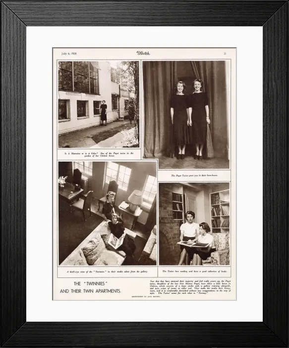Framed Print : Maimie and Celia Paget, twin daughters of the late Eric Morton Paget, featured in the Sketch in their Chelsea house consisting of a studio and a twin suite of bedrooms. Date: 1938