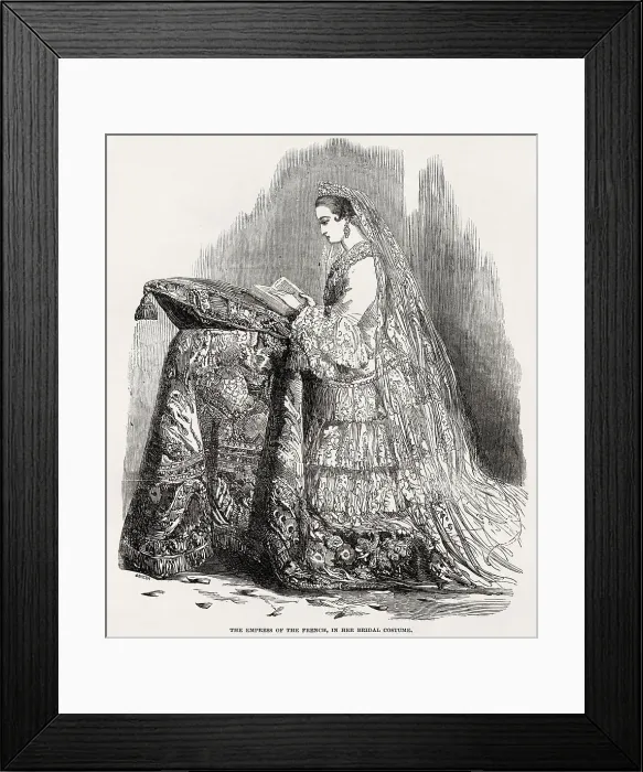 Framed Print : Empress Eugenie in her wedding dress. EUGENIA MARIA DE MONTIJO (1826 - 1920), wife of the French Emperor, Napoleon III and mother of the Prince Imperial. Renowned beauty and arbiter of taste. Date: 1853 Framed Print : Empress Eugenie in her wedding dress. EUGENIA MARIA DE MONTIJO (1826 - 1920), wife of the French Emperor, Napoleon III and mother of the Prince Imperial. Renowned beauty and arbiter of taste. Date: 1853