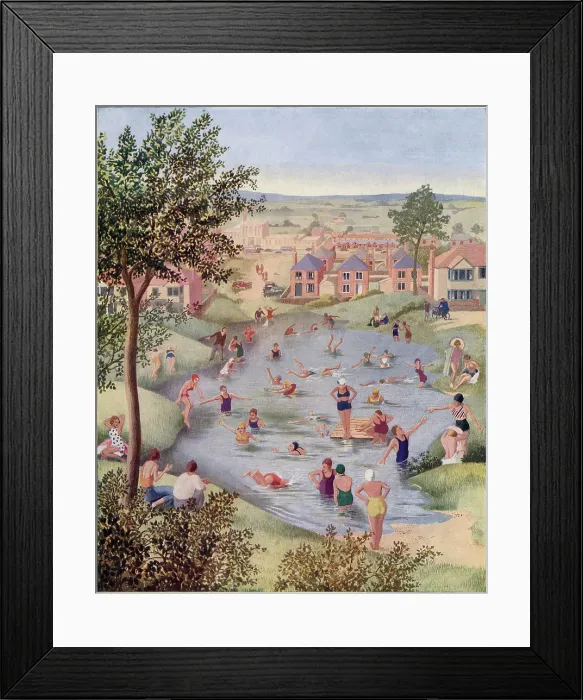 Framed Print : Villagers enjoy swimming in their local pond on a hot summer's day. See picture no. 14007282 to see a companion picture of the pond in winter. Date: 1940