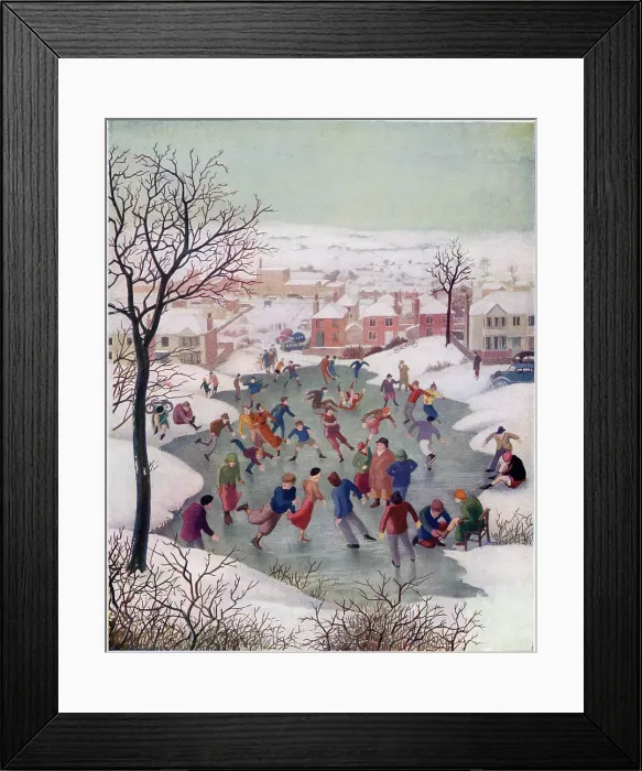 Framed Print : Villagers enjoy skating on their local pond in the depths of winter. See picture no. 14007281 for the same view in summer. Date: 1940 Framed Print : Villagers enjoy skating on their local pond in the depths of winter. See picture no. 14007281 for the same view in summer. Date: 1940