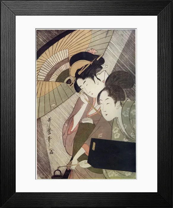 Framed Print : A Geisha, carrying her music in her obi, and holding her umbrella against a heavy shower, while her maid, carrying her koto case and a lantern, shelters herself by her side. Date: 1910 Framed Print : A Geisha, carrying her music in her obi, and holding her umbrella against a heavy shower, while her maid, carrying her koto case and a lantern, shelters herself by her side. Date: 1910