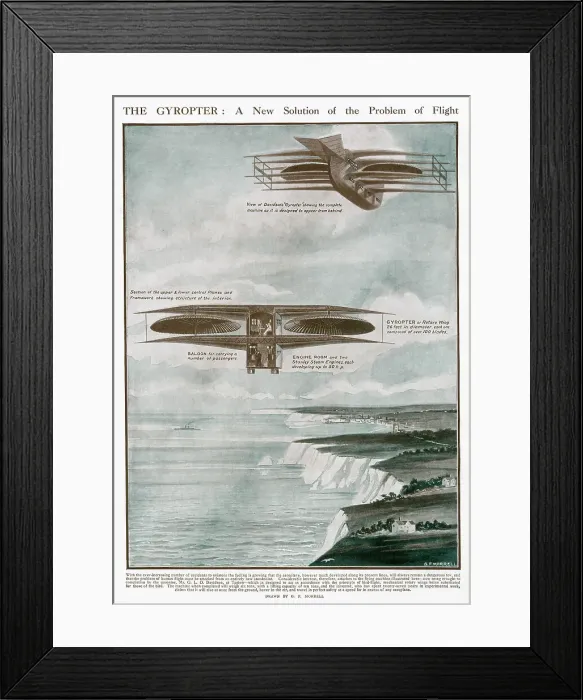 Framed Print : Diagram showing a flying machine designed by Scottish engineer Mr George Louis Outdrum Davidson, two vast umbrella-looking rotary wings of 26 feet in diameter, each one composed of over 100 blades. Date: 1910