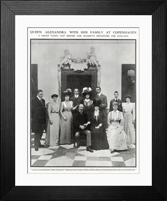 Framed Print : Photograph taken of Queen Alexandra's family in Copenhagen just before her Majesty returned to England. (left to right) seated--are: The Frederick VIII, King of Denmark, the Dowager Empress of Russia and the Queen of Denmark Framed Print : Photograph taken of Queen Alexandra's family in Copenhagen just before her Majesty returned to England. (left to right) seated--are: The Frederick VIII, King of Denmark, the Dowager Empress of Russia and the Queen of Denmark