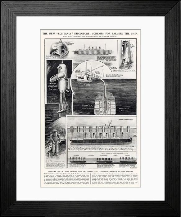 Framed Print : Diagrams showing various salvage systems where the Lusitania would be lifted and towed with the sea-bed raised. Date: 1922 Framed Print : Diagrams showing various salvage systems where the Lusitania would be lifted and towed with the sea-bed raised. Date: 1922