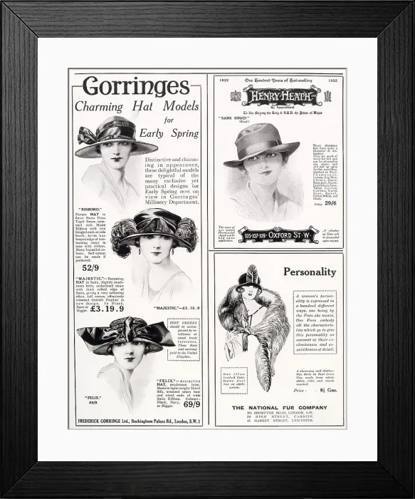 Framed Print : Three fashion adverts for women's fashionable hats and fur stoles from The Tatler January 1923. Gorringes early spring brimmed hats. Henry Heath Ltd boland style women's hat Framed Print : Three fashion adverts for women's fashionable hats and fur stoles from The Tatler January 1923. Gorringes early spring brimmed hats. Henry Heath Ltd boland style women's hat