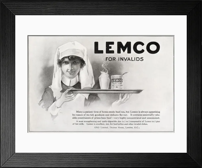 Framed Print : Advertisement for Lemco, highly concentrated and unseasoned prime lean beef served with hot milk. Date: 1922