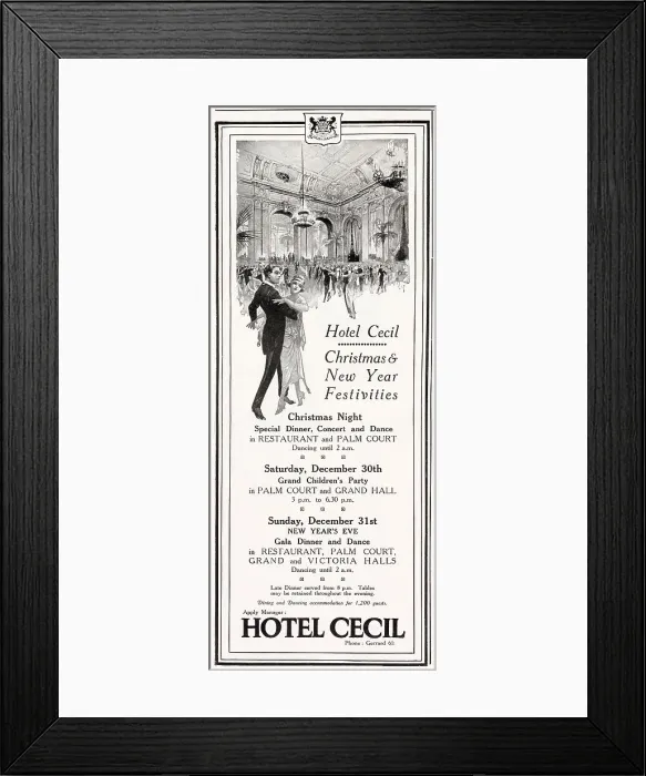 Framed Print : Christmas and New Year Festivities. Children's party on the 30th of December and on New Years Eve, special dinner, concert and dance until 2 a.m. Date: 1922 Framed Print : Christmas and New Year Festivities. Children's party on the 30th of December and on New Years Eve, special dinner, concert and dance until 2 a.m. Date: 1922