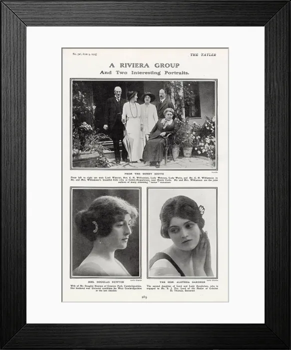 Framed Print : Page from The Tatler, 9th June 1915: A Riviera Group consisting of Lord Waleran, Mrs C N Williamson, Lady Waleran, Lady Watts, and Mr C N Williamson in the Williamsons villa at Cabb-Roquebrune near Monte Carlo Framed Print : Page from The Tatler, 9th June 1915: A Riviera Group consisting of Lord Waleran, Mrs C N Williamson, Lady Waleran, Lady Watts, and Mr C N Williamson in the Williamsons villa at Cabb-Roquebrune near Monte Carlo