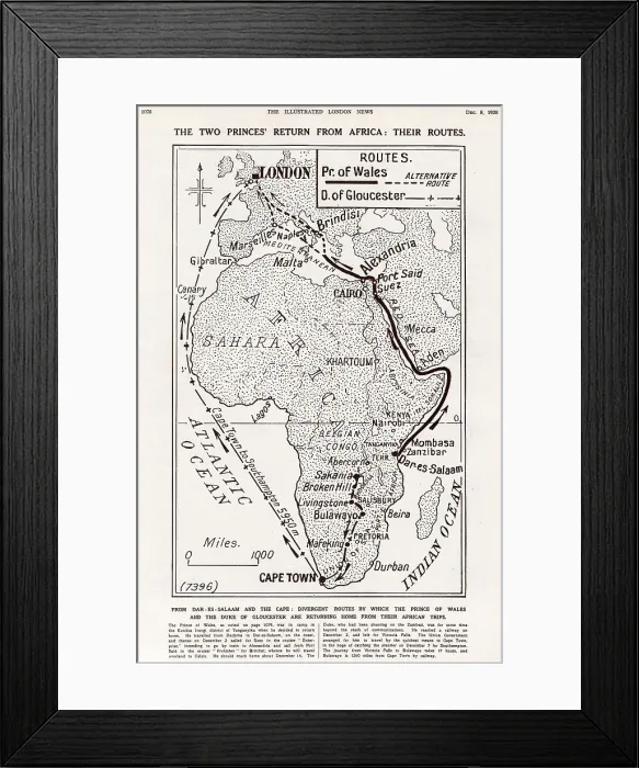 Framed Print : Map of Africa showing the two different routes taken by the Prince of Wales and the Duke of Gloucester when they cut short their trip to Kenya and central African after receiving news that their father, King George V, was ill Framed Print : Map of Africa showing the two different routes taken by the Prince of Wales and the Duke of Gloucester when they cut short their trip to Kenya and central African after receiving news that their father, King George V, was ill