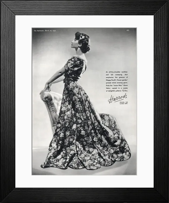 Framed Print : Harrods advertisement for a Maggy Rouff flower-garden printed chintz evening gown with an off-the-shoulder neckline and full sweeping skirt, modelled here by Mamaine Paget. Date: 1937 Framed Print : Harrods advertisement for a Maggy Rouff flower-garden printed chintz evening gown with an off-the-shoulder neckline and full sweeping skirt, modelled here by Mamaine Paget. Date: 1937