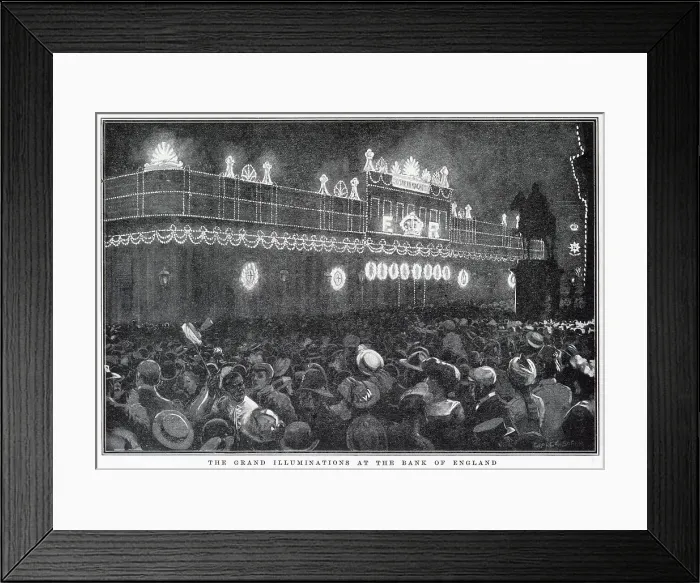 Framed Print : Illuminations at the Bank of England, Londoners rejoicing and festivity, the night before the coronation of King Edward VII. Date: 1902 Framed Print : Illuminations at the Bank of England, Londoners rejoicing and festivity, the night before the coronation of King Edward VII. Date: 1902