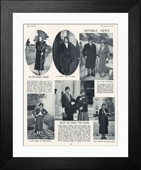 Framed Print : Page from The Tatler, 28th March 1934: Riviera News featuring Madame van der Heyden Hauzeur, Lady de Bathe, Sir E and Lady Wills, Mlle Chanel at Roquebrune, the Hon Mrs Alistair Cooper and the Dowager Lady Glanusk and Mrs Lorenzo Mitchell-Henry Framed Print : Page from The Tatler, 28th March 1934: Riviera News featuring Madame van der Heyden Hauzeur, Lady de Bathe, Sir E and Lady Wills, Mlle Chanel at Roquebrune, the Hon Mrs Alistair Cooper and the Dowager Lady Glanusk and Mrs Lorenzo Mitchell-Henry