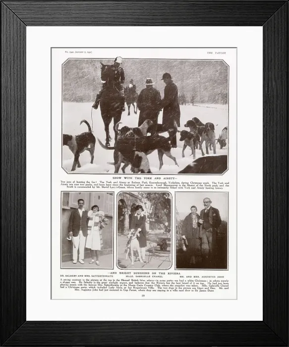 Framed Print : Page from The Tatler, 7th Jan 1931: snow with the York and Ainsty hunt at Scriven Park, Yorkshire; bright sunshine on the Riviera: Dr Saleeby and Mrs Satterthwaite; Mlle Gabrielle Chanel; Mrs and Mrs Augustus John. Date: 1931 Framed Print : Page from The Tatler, 7th Jan 1931: snow with the York and Ainsty hunt at Scriven Park, Yorkshire; bright sunshine on the Riviera: Dr Saleeby and Mrs Satterthwaite; Mlle Gabrielle Chanel; Mrs and Mrs Augustus John. Date: 1931