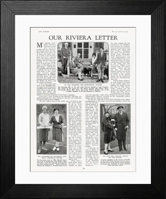 Framed Print : Page from The Tatler, 29th January 1930: Our Riviera Letter featuring Henry Russell, Nancy Barry, Commander Barry, Mrs Barry, and Lady Patricia Russell at the Domaines des Charmettes